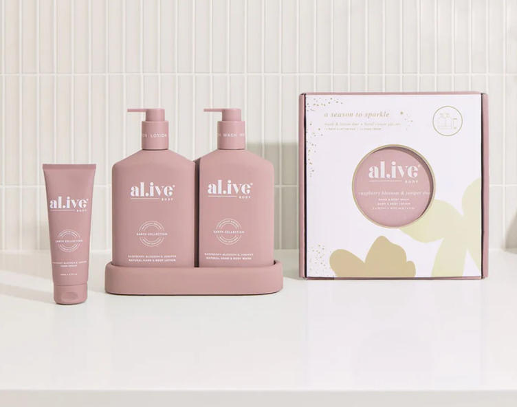 Al.ive Wash & lotion duo + hand cream gift set - raspberry blossom & juniper